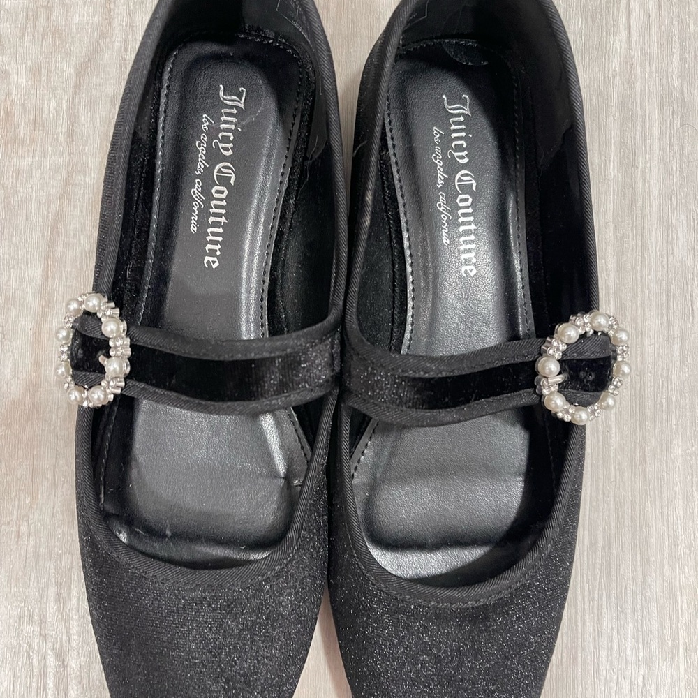 Juicy Couture Black Flats with Rhinestone Buckle
